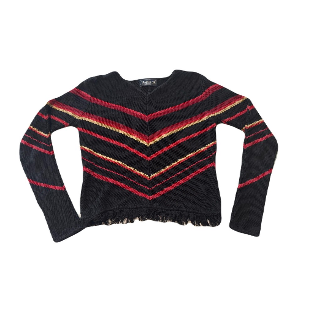 Harold's Chevron Stripe Fringe Sweater Black Red Western Boho